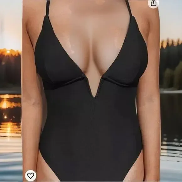 Womens Small Black One Piece V Wire Swimsuit Deep V Neck Crisscross Back Straps - Picture 3 of 10